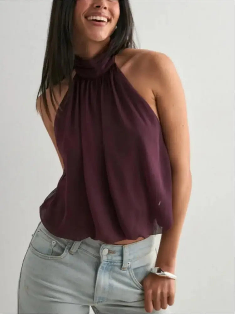 Women's Elegant Top Halter-Neck Backless Solid Colour Top Sexy Off Shoulder Top Night Club Party Top
