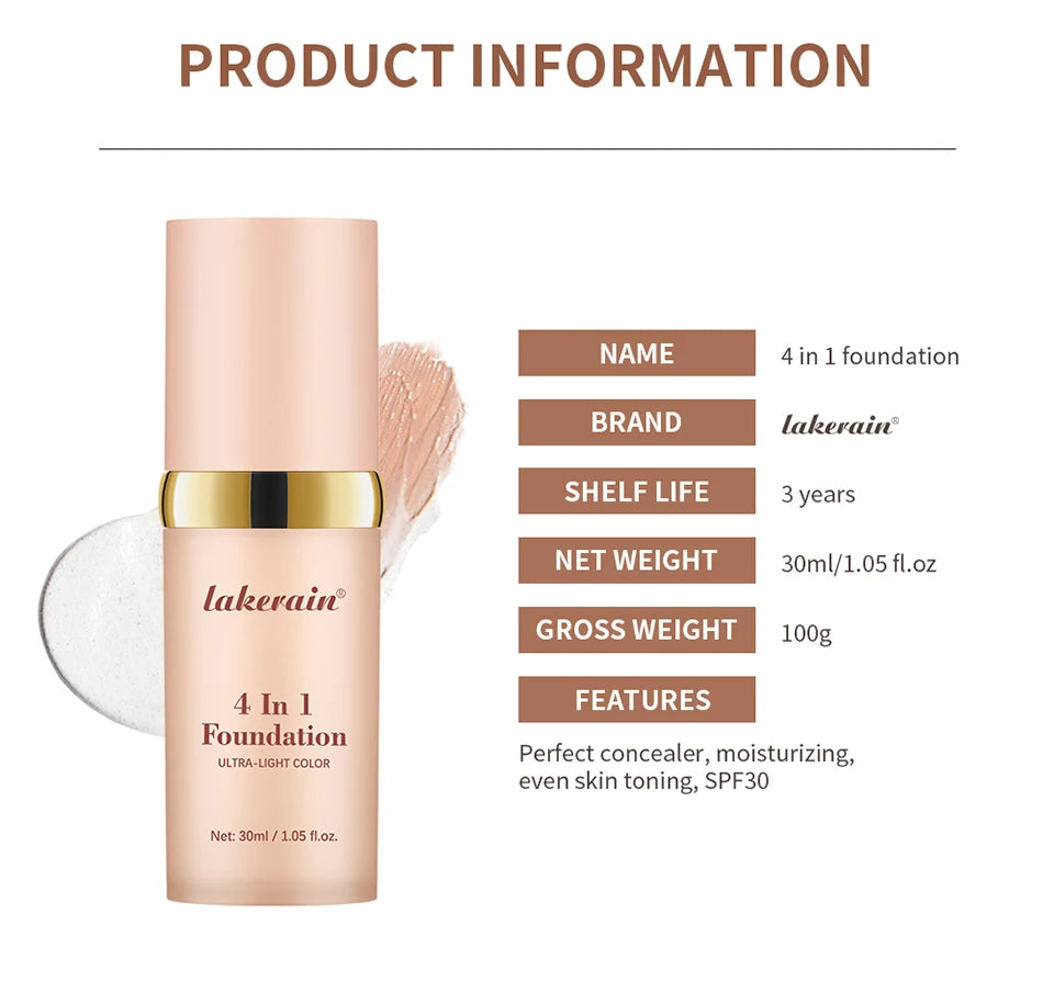 Foundation 4 in 1 - Medium Spectrum with SPF 30+, Longwearing & Waterproof Hydrating Color Changing Foundation Women Cosmetics
