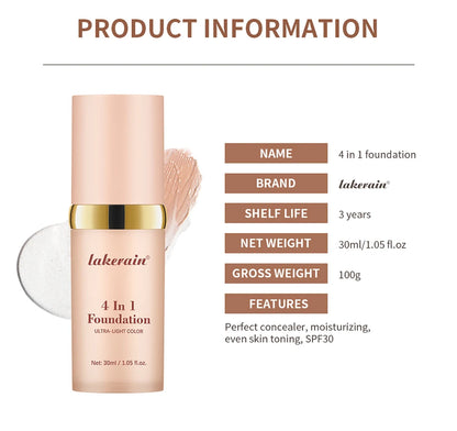 Foundation 4 in 1 - Medium Spectrum with SPF 30+, Longwearing & Waterproof Hydrating Color Changing Foundation Women Cosmetics