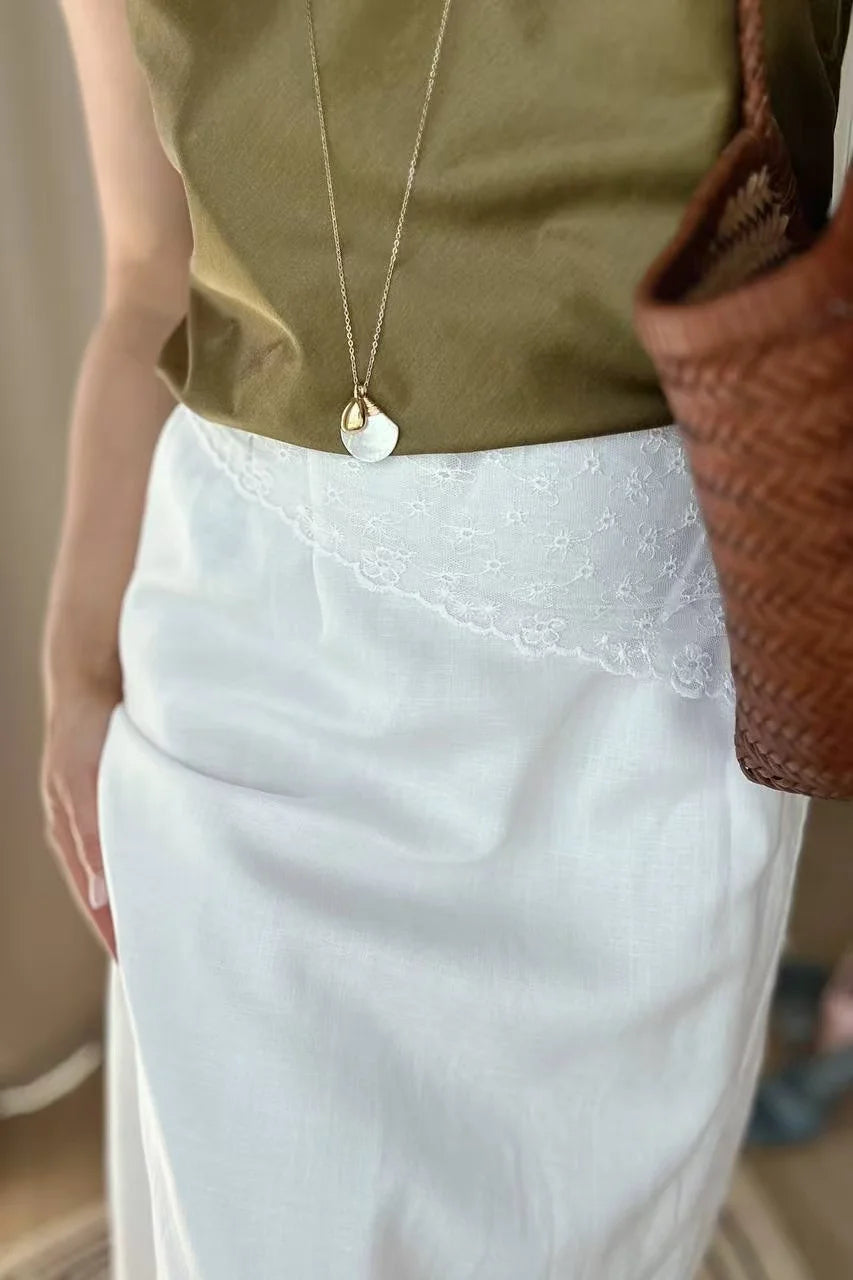 Women’s High Waist Satin Midi Skirt Vintage Lace Detail Elegant Long Skirt