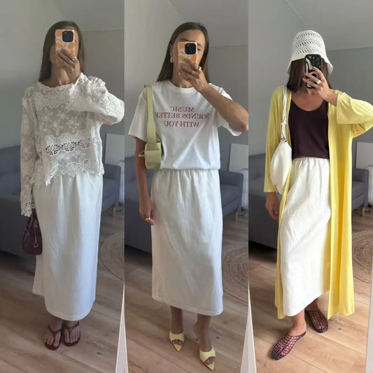 Women’s High Waist Satin Midi Skirt Vintage Lace Detail Elegant Long Skirt