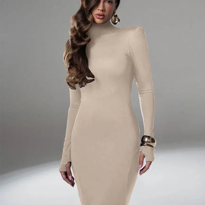 Women's Dresses Autumn Winter New Sexy Solid Backless Elegant Dress Streetwear Fashion Casual Slim Turtleneck Long Sleeves Dress