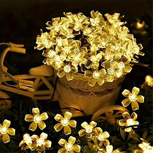 Solar-Powered Cherry Blossom LED String Lights Outdoor Flower Decor Fairy Lights for Garden Christmas Lawn Halloween Pathway