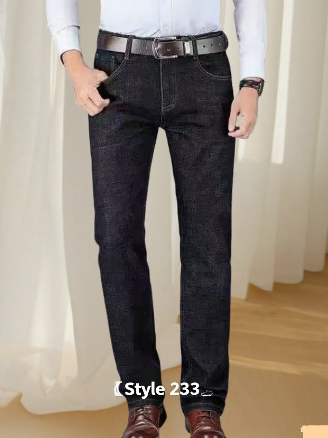 Men’s Straight Fit Jeans – Stretch Casual Business Denim Trousers (Blue & Black)