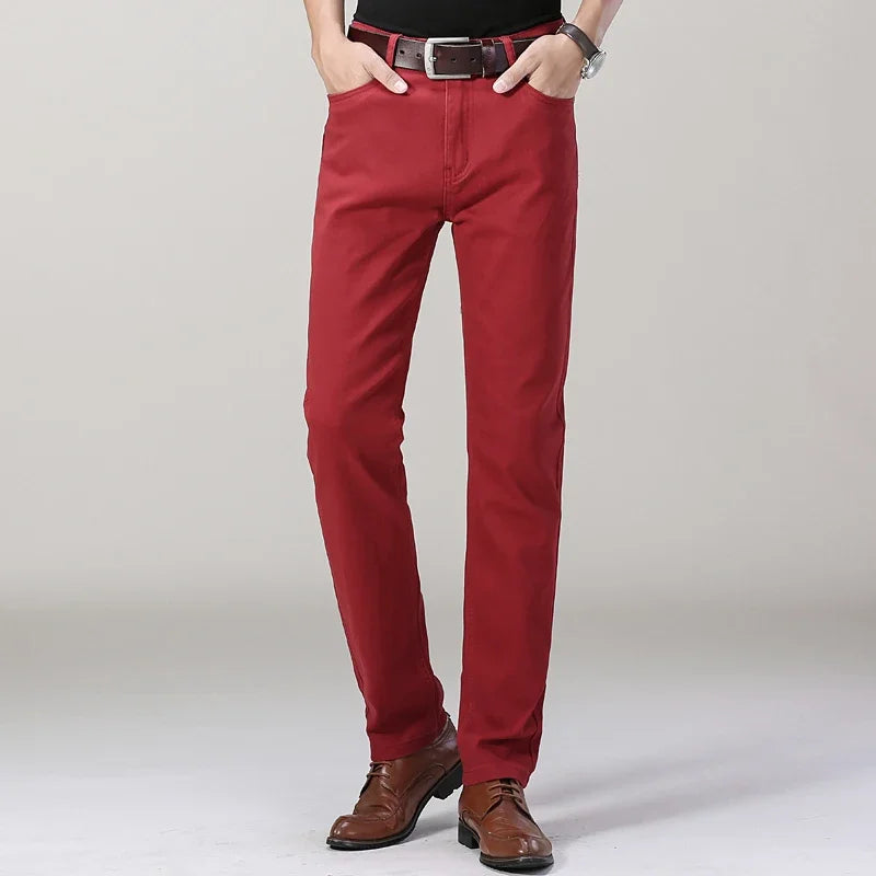 Men’s White Slim Fit Jeans – Elastic Straight Leg Business Casual Denim
