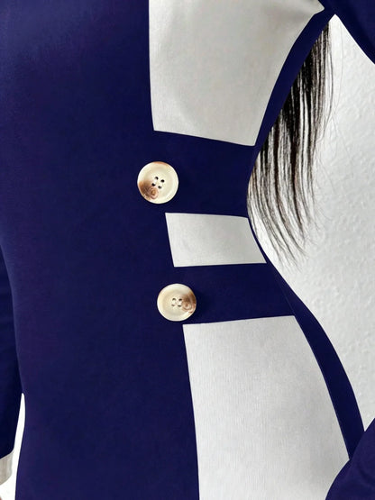 Women's Blue White Color Block Bodycon Dress - Long Sleeve Round Neck Midi Dress with Button Detail, for Office, Work & Formal