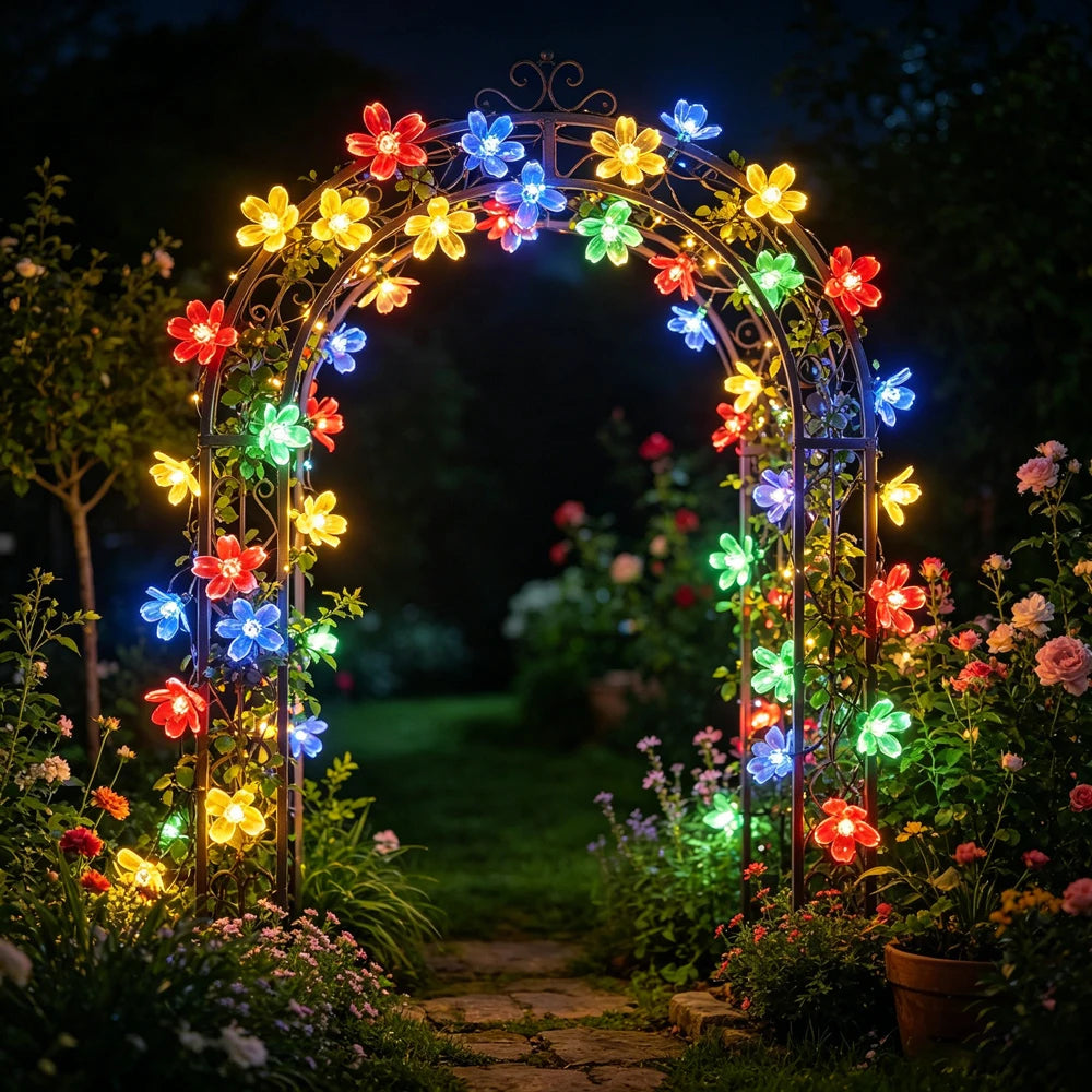 Solar-Powered Cherry Blossom LED String Lights Outdoor Flower Decor Fairy Lights for Garden Christmas Lawn Halloween Pathway