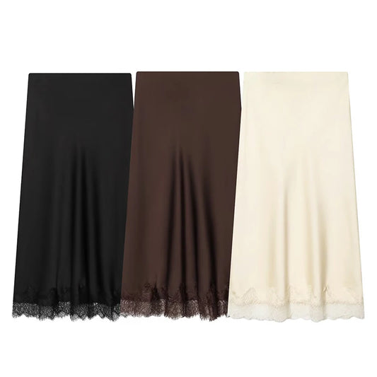 Women’s High Waist Satin Midi Skirt Vintage Lace Detail Elegant Long Skirt