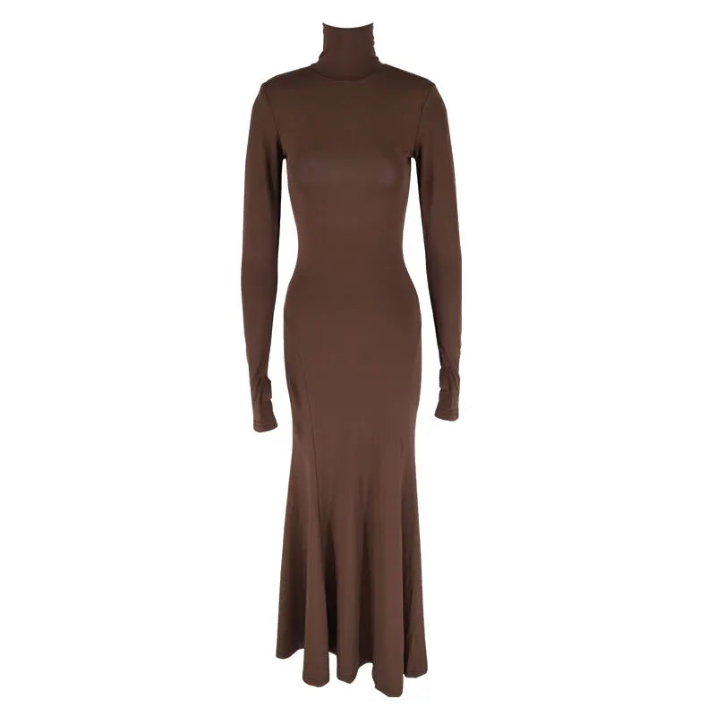 Women's Dresses Autumn Winter New Sexy Solid Backless Elegant Dress Streetwear Fashion Casual Slim Turtleneck Long Sleeves Dress