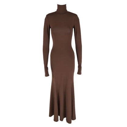 Women's Dresses Autumn Winter New Sexy Solid Backless Elegant Dress Streetwear Fashion Casual Slim Turtleneck Long Sleeves Dress