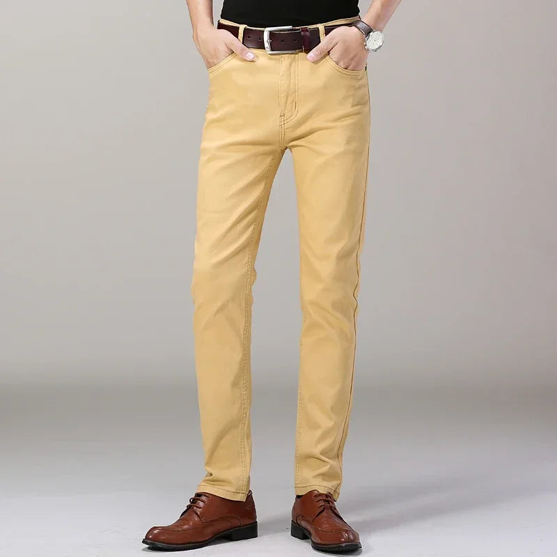 Men’s White Slim Fit Jeans – Elastic Straight Leg Business Casual Denim