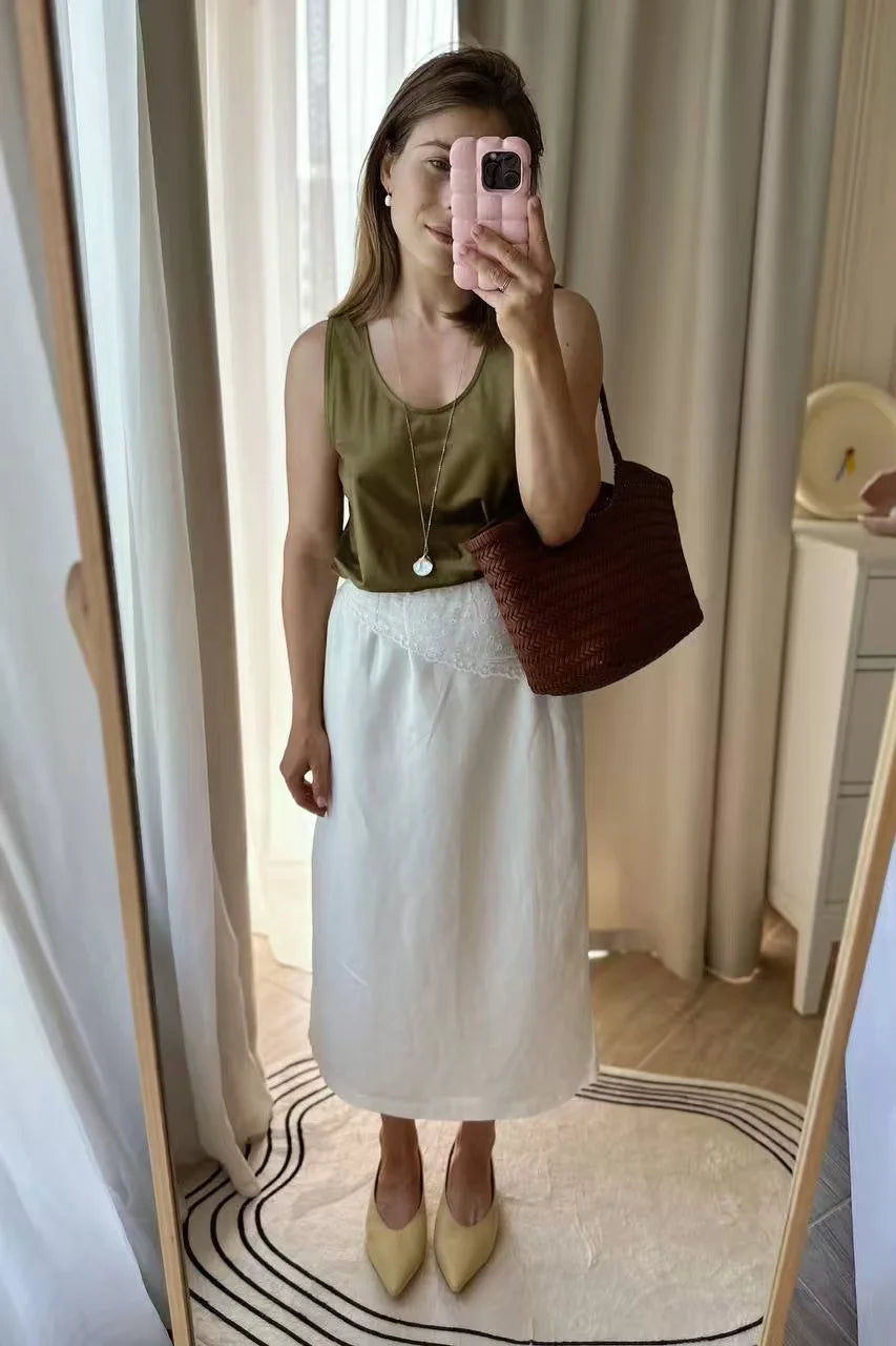 Women’s High Waist Satin Midi Skirt Vintage Lace Detail Elegant Long Skirt
