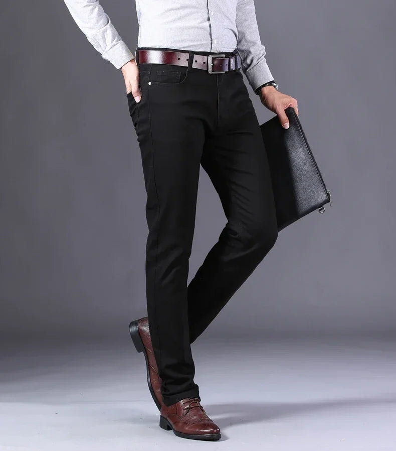 Men’s White Slim Fit Jeans – Elastic Straight Leg Business Casual Denim