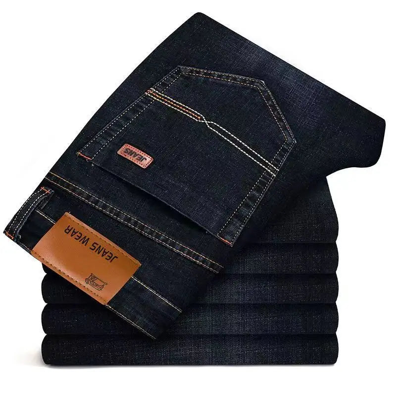 Men’s Straight Fit Jeans – Stretch Casual Business Denim Trousers (Blue & Black)