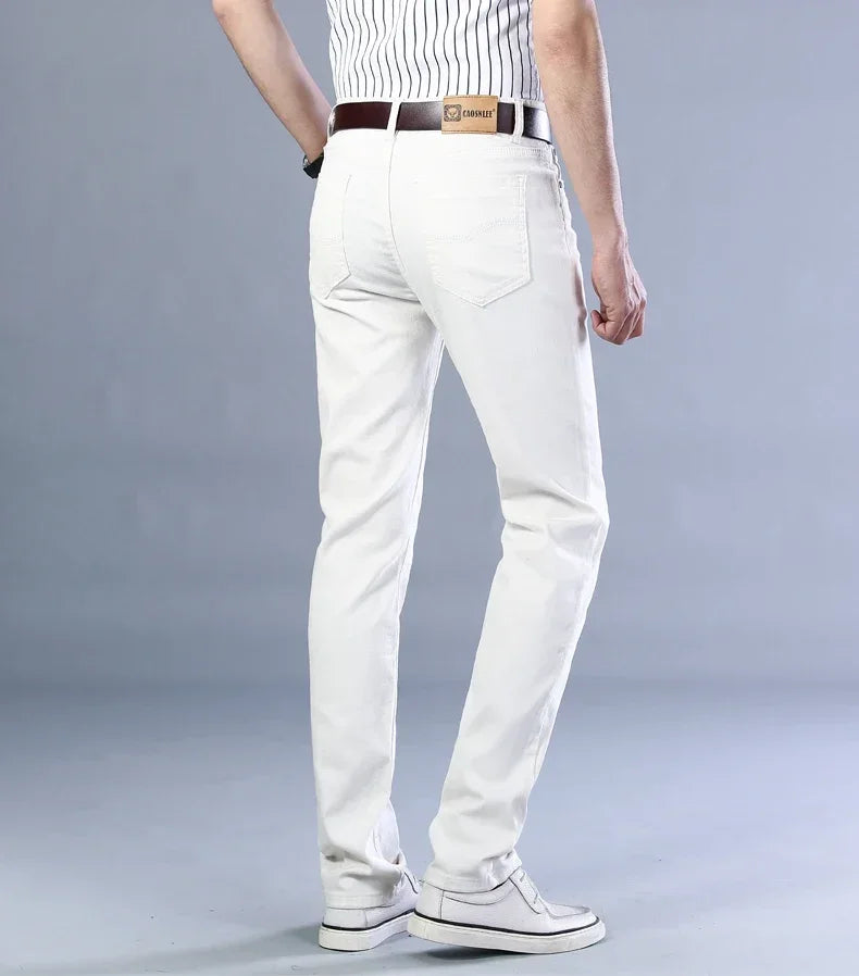 Men’s White Slim Fit Jeans – Elastic Straight Leg Business Casual Denim
