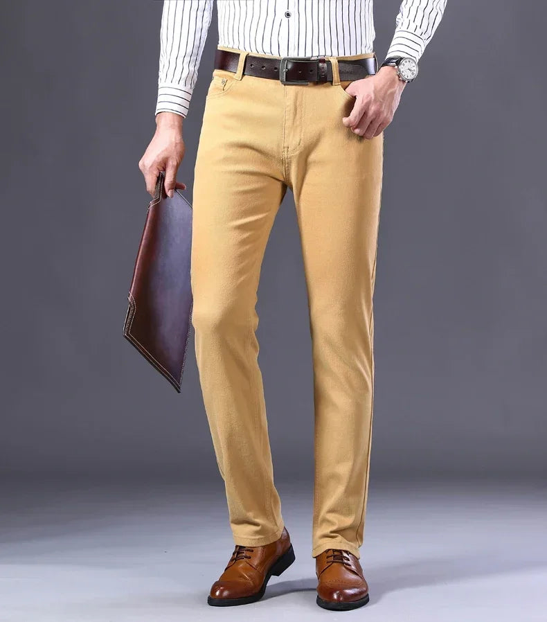 Men’s White Slim Fit Jeans – Elastic Straight Leg Business Casual Denim