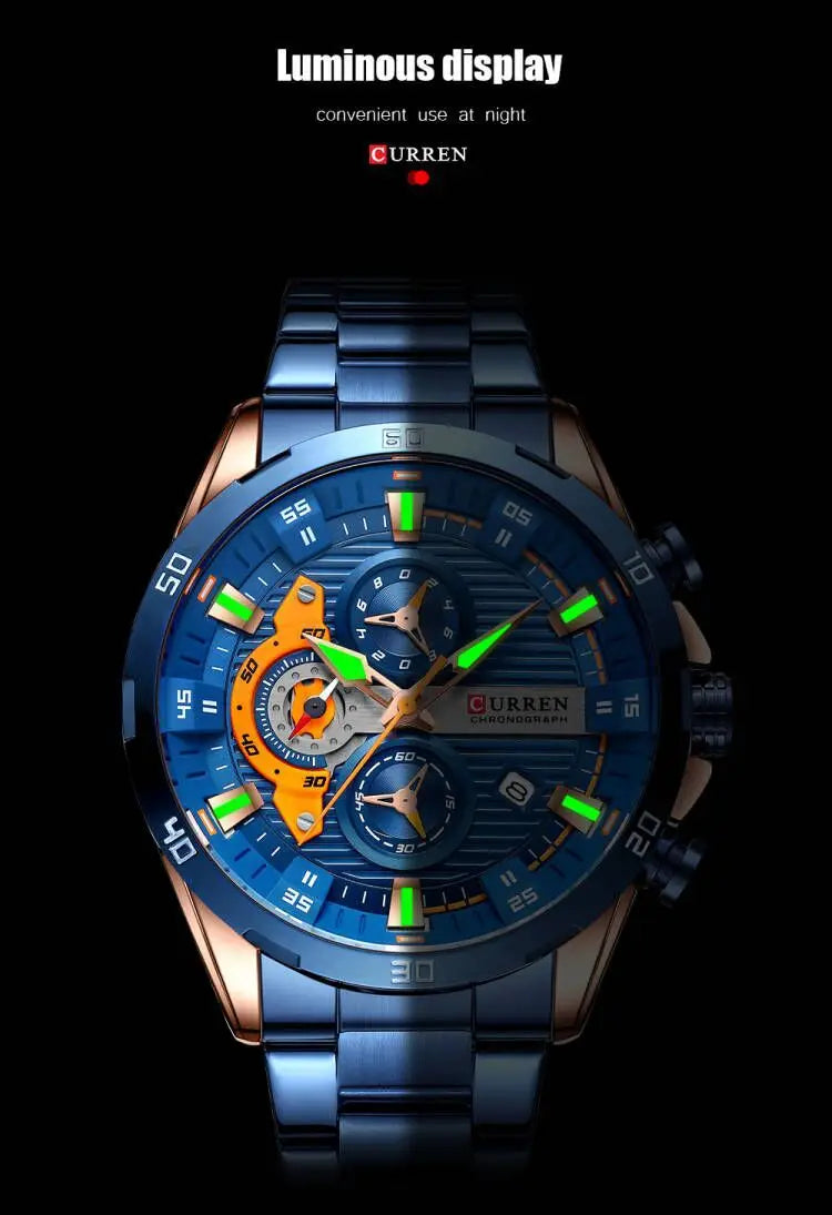 Stainless Steel Watches for Mens Creative Fashion Luminous Dial with Chronograph Clock Male Casual Wristwatches Business