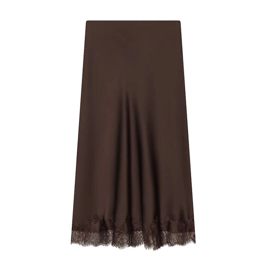 Women’s High Waist Satin Midi Skirt Vintage Lace Detail Elegant Long Skirt