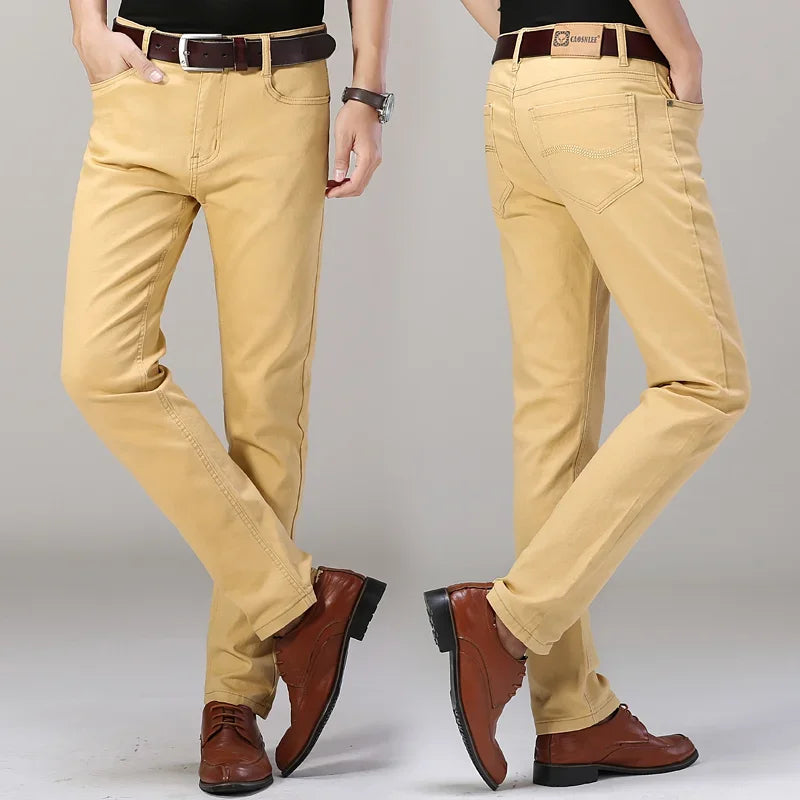 Men’s White Slim Fit Jeans – Elastic Straight Leg Business Casual Denim