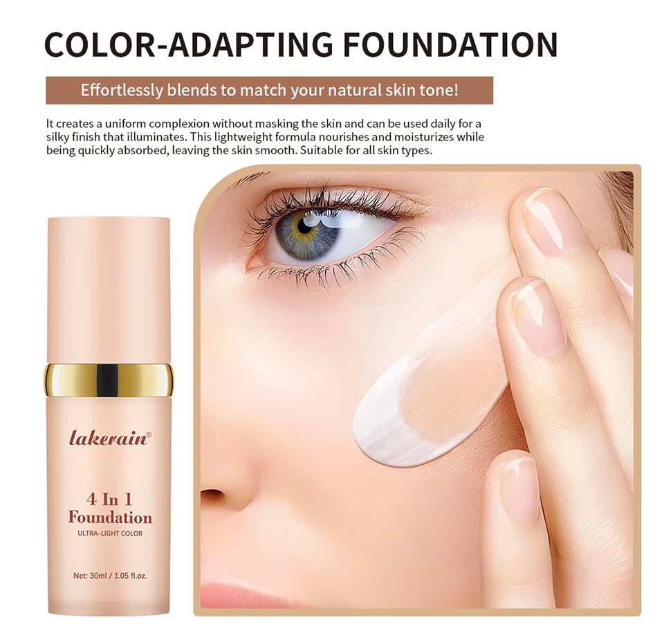 Foundation 4 in 1 - Medium Spectrum with SPF 30+, Longwearing & Waterproof Hydrating Color Changing Foundation Women Cosmetics