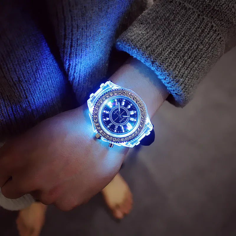 LED Light Flash Luminous Watches Women Men Boys Girls Silicone Wrist Watch Fashion Rhinestone Clock Kids Children Relogio Saati