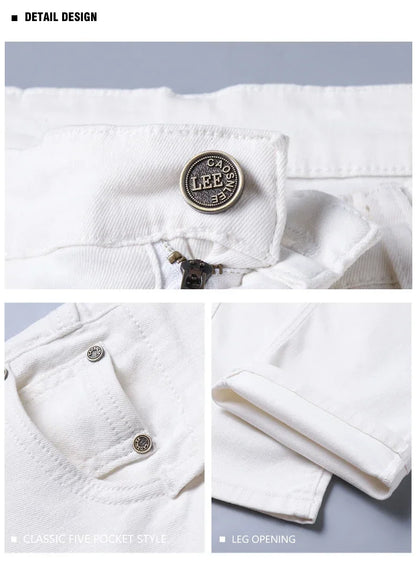 Men’s White Slim Fit Jeans – Elastic Straight Leg Business Casual Denim