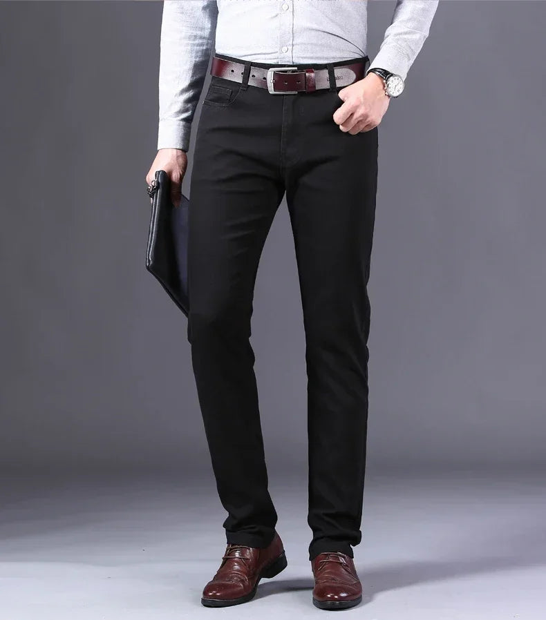 Men’s White Slim Fit Jeans – Elastic Straight Leg Business Casual Denim