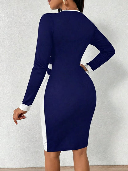 Women's Blue White Color Block Bodycon Dress - Long Sleeve Round Neck Midi Dress with Button Detail, for Office, Work & Formal