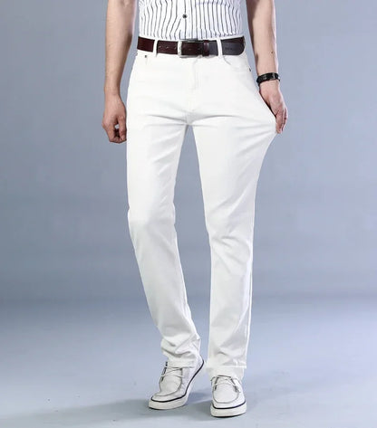 Men’s White Slim Fit Jeans – Elastic Straight Leg Business Casual Denim