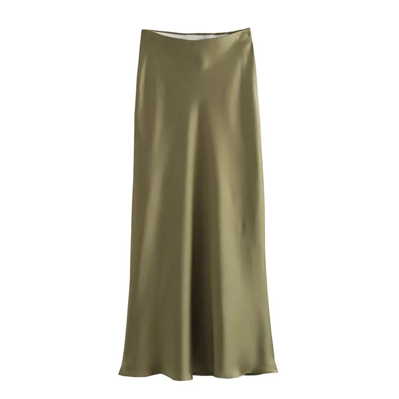Women’s High Waist Satin Midi Skirt Elegant Office and Summer Wear