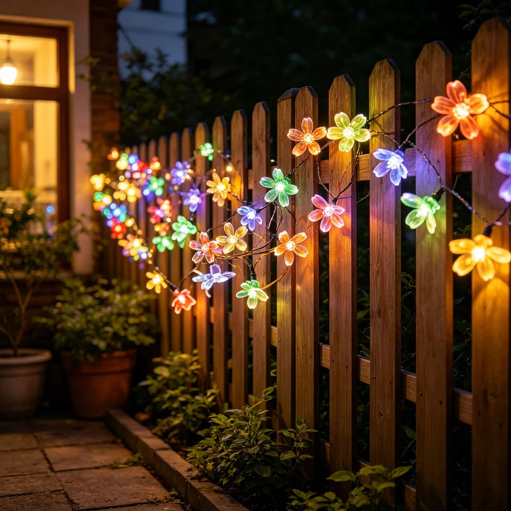 Solar-Powered Cherry Blossom LED String Lights Outdoor Flower Decor Fairy Lights for Garden Christmas Lawn Halloween Pathway