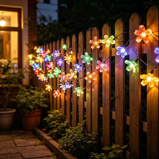 Solar-Powered Cherry Blossom LED String Lights Outdoor Flower Decor Fairy Lights for Garden Christmas Lawn Halloween Pathway