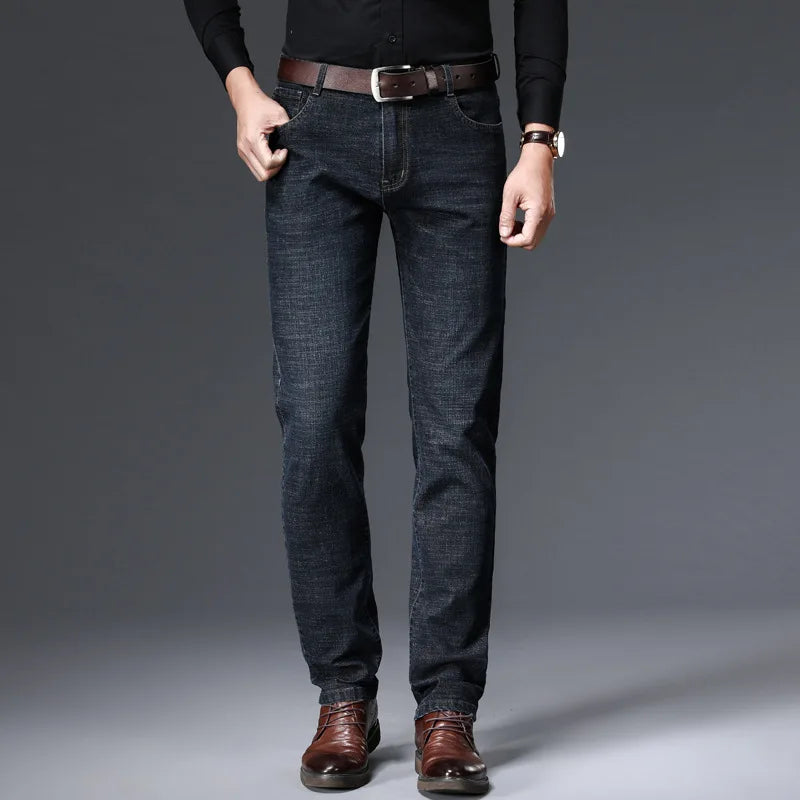 Men’s Straight Fit Jeans – Stretch Casual Business Denim Trousers (Blue & Black)