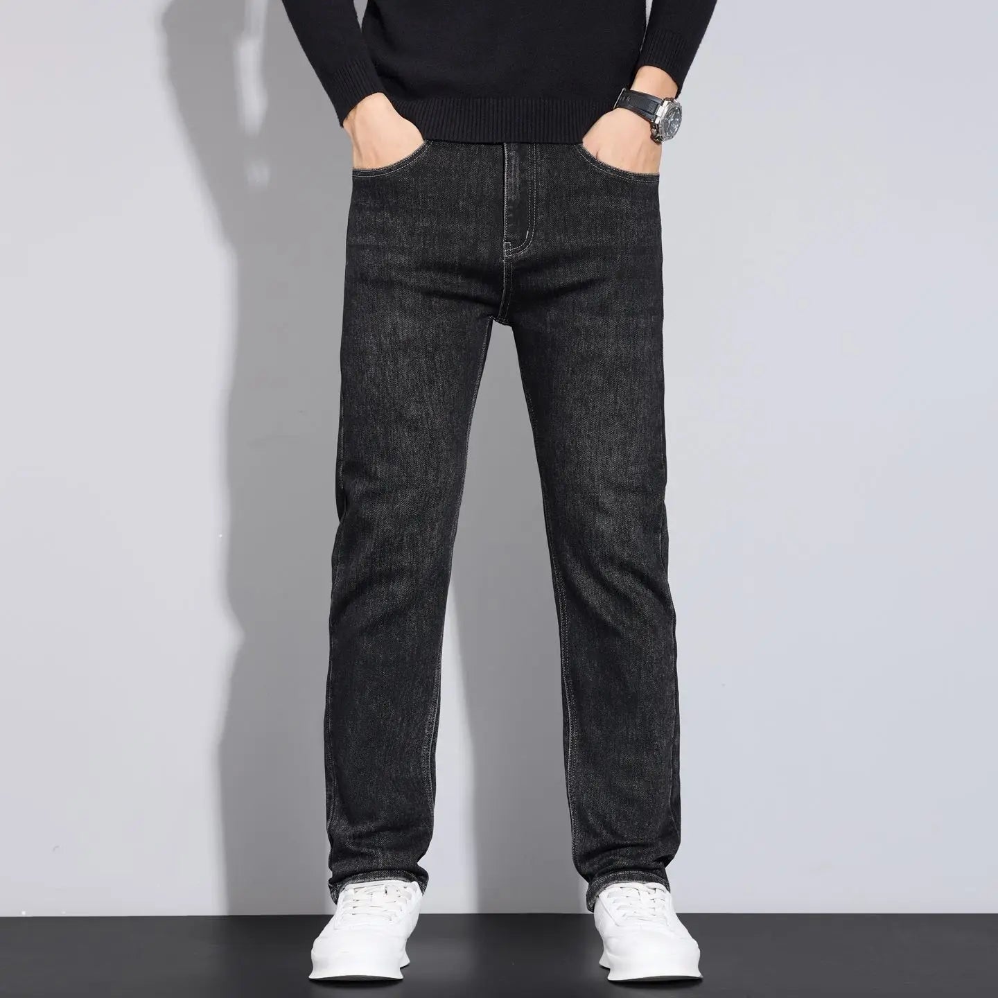 Men’s Straight Fit Jeans – Stretch Casual Business Denim Trousers (Blue & Black)