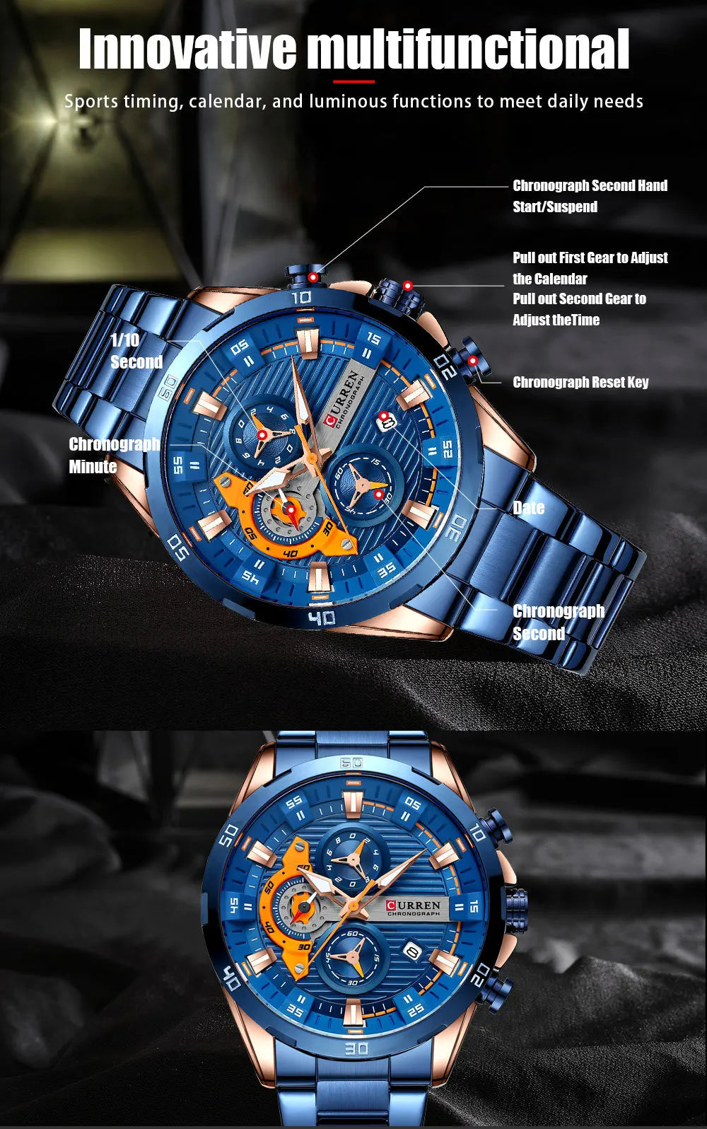 Stainless Steel Watches for Mens Creative Fashion Luminous Dial with Chronograph Clock Male Casual Wristwatches Business