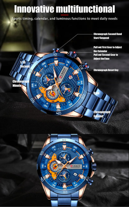 Stainless Steel Watches for Mens Creative Fashion Luminous Dial with Chronograph Clock Male Casual Wristwatches Business