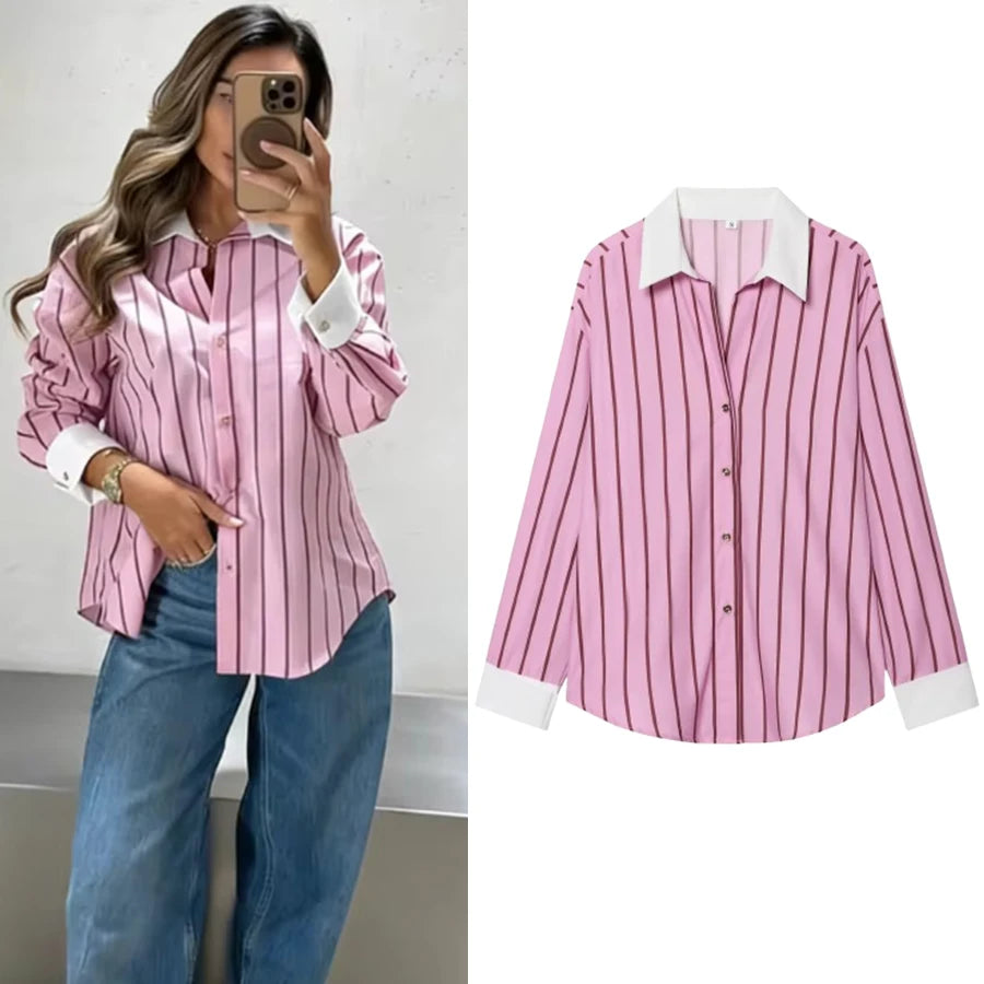 Women’s Color Block Blouse – Elegant Single-Breasted Fashion Top