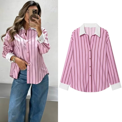 Women’s Color Block Blouse – Elegant Single-Breasted Fashion Top