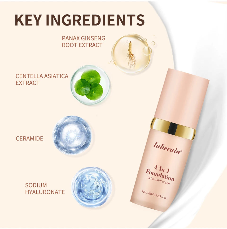 Foundation 4 in 1 - Medium Spectrum with SPF 30+, Longwearing & Waterproof Hydrating Color Changing Foundation Women Cosmetics