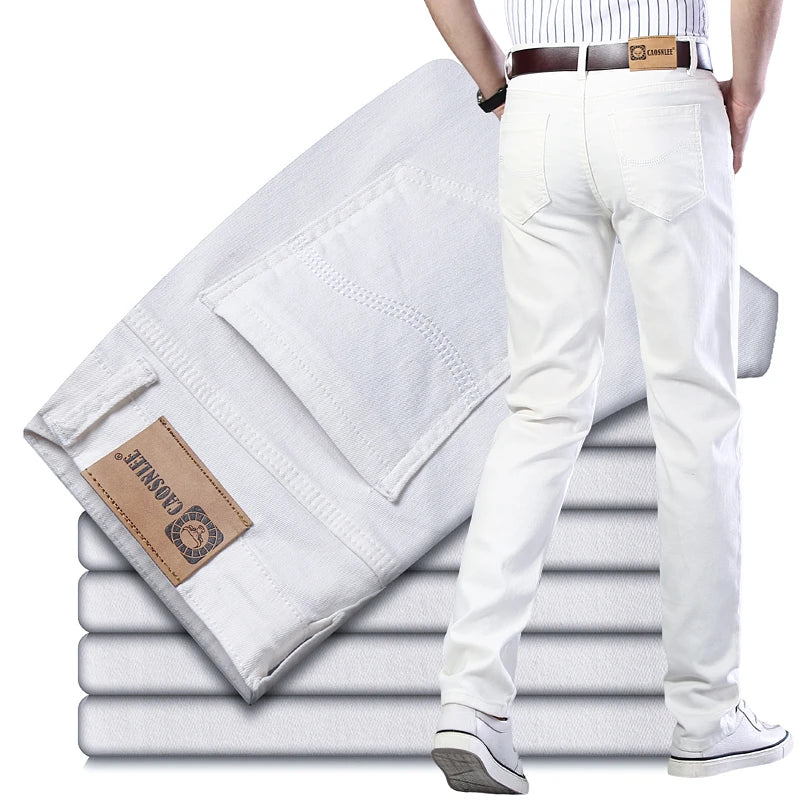 Men’s White Slim Fit Jeans – Elastic Straight Leg Business Casual Denim