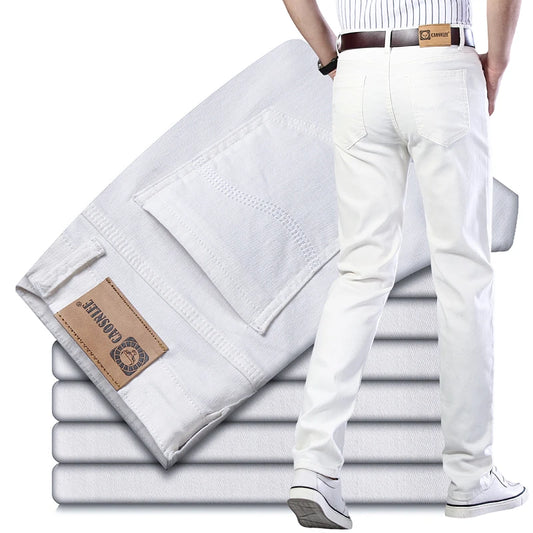 Men’s White Slim Fit Jeans – Elastic Straight Leg Business Casual Denim
