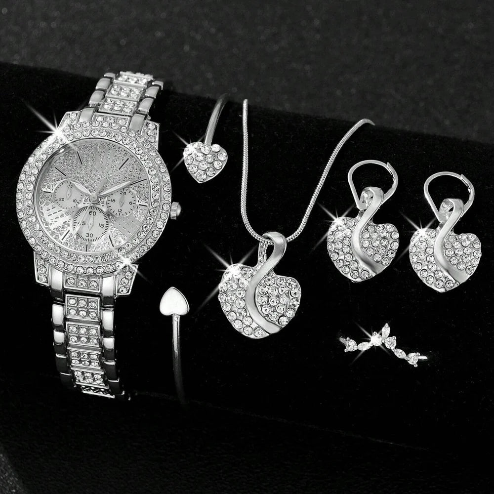 Women's Quartz Watch Gold Luxury Women Ring Necklace Earring Rhinestone Fashion Wristwatch Casual Ladies Watches Jewelry Set ﻿