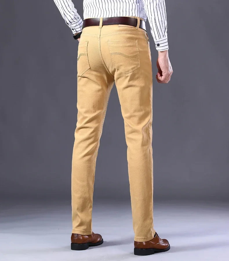 Men’s White Slim Fit Jeans – Elastic Straight Leg Business Casual Denim