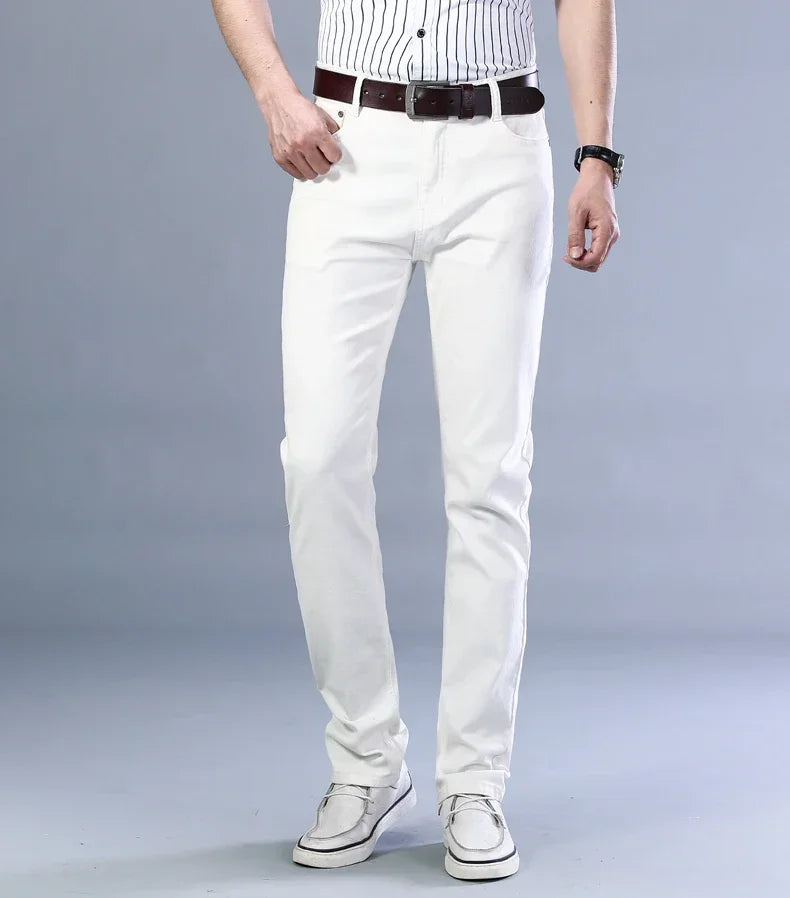Men’s White Slim Fit Jeans – Elastic Straight Leg Business Casual Denim