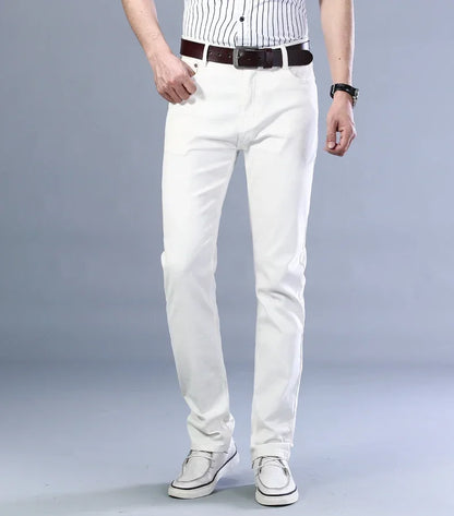 Men’s White Slim Fit Jeans – Elastic Straight Leg Business Casual Denim