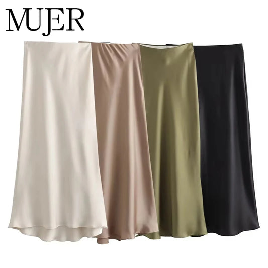 Women’s High Waist Satin Midi Skirt Elegant Office and Summer Wear