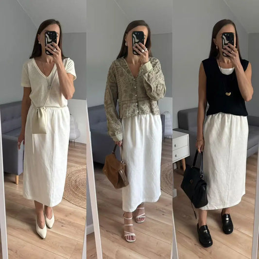 Women’s High Waist Satin Midi Skirt Vintage Lace Detail Elegant Long Skirt
