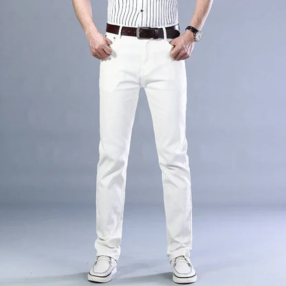 Men’s White Slim Fit Jeans – Elastic Straight Leg Business Casual Denim