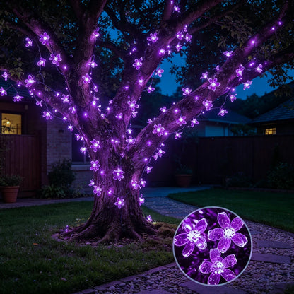 Solar-Powered Cherry Blossom LED String Lights Outdoor Flower Decor Fairy Lights for Garden Christmas Lawn Halloween Pathway