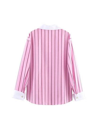 Women’s Color Block Blouse – Elegant Single-Breasted Fashion Top